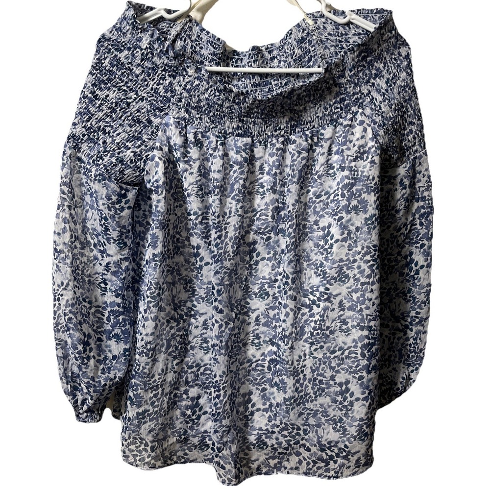 CeCe Smocked Top M Off the Shoulder Mermaid Blue Artsy Boho Festival Coastal